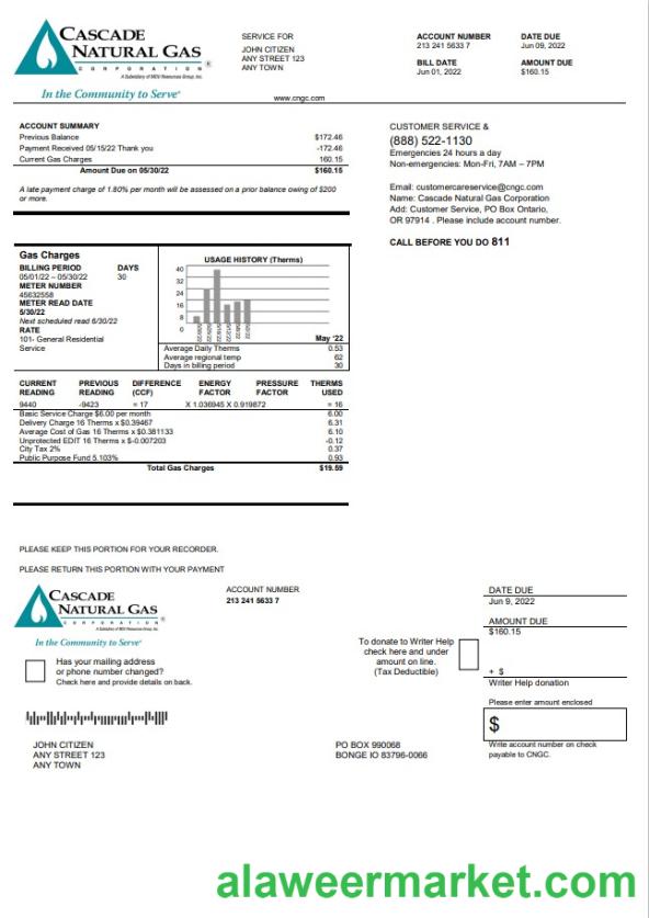 USA Cascade Natural Gas utility bill, Word and PDF template
